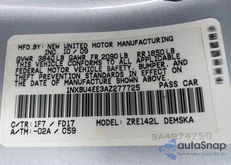 2010 Toyota Corolla S z USA, uszkodzony, nr VIN 1NXBU4EE3AZ277725